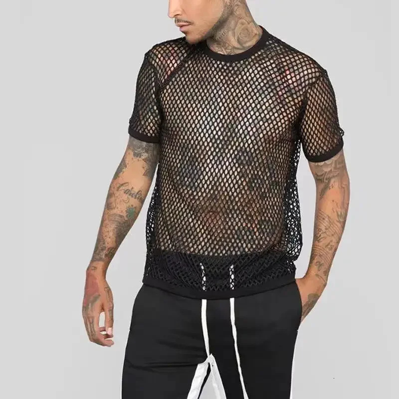 Mens Mush Tops Personality Tight Bottoming Hollow Out Shirt Fishing Grid Perspective Short-sleeved T-shirt Male Top 250614