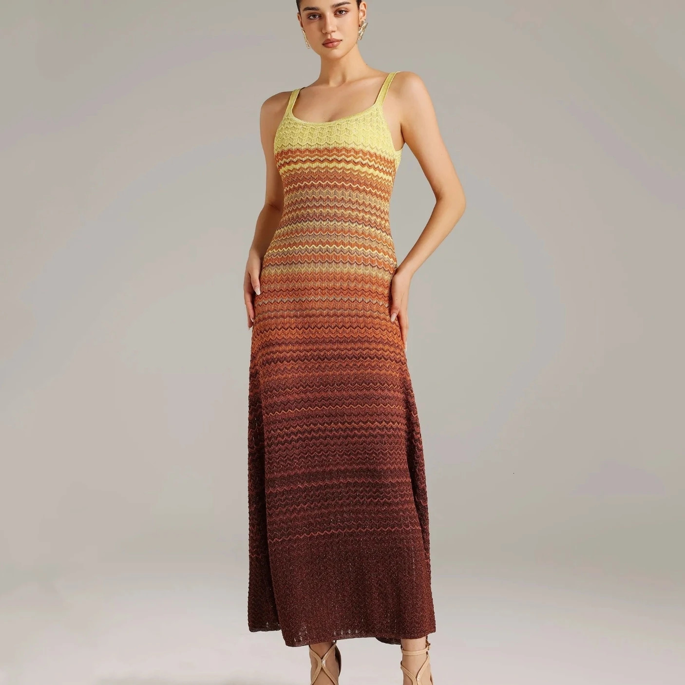 Original Quality Zigzag Shiny Long Knitted Maxi Dress Women Paris Skirt y n Ladies Clothing 250611