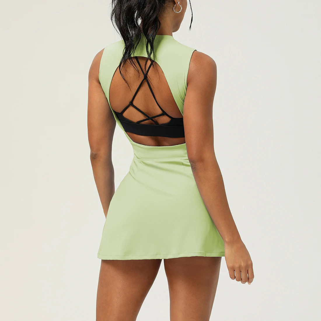 Women Sleeveless Fitness Running Comfortable Athletic Dress Drawstring Waist Short Length Outdoor Sports Tennis Dress 250611