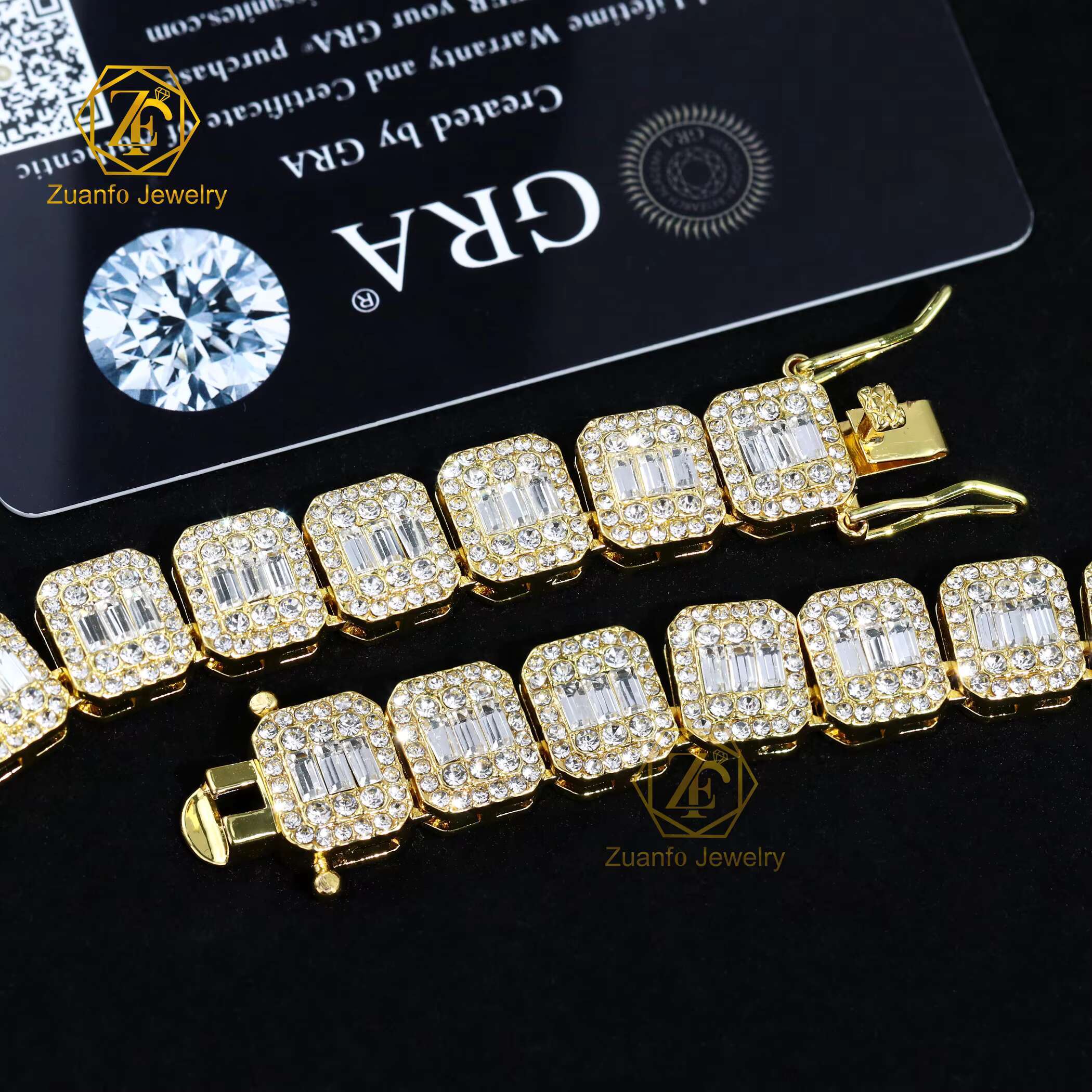 High Quality 925 Sterling Silver 18K Gold Plated Iced Baguette Diamonds Moissanite Waterproof Necklace Bracelet Link Chain Style