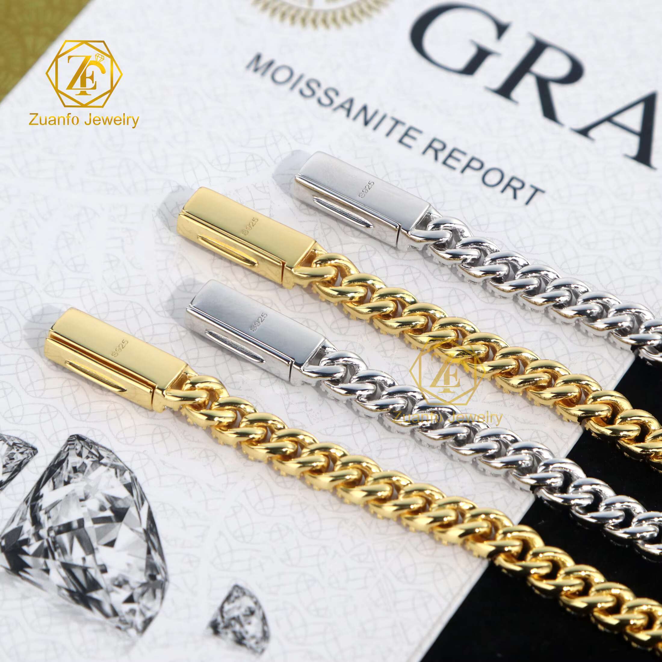 Classical Cuban Style 925S Moissanite Necklace Make in China Right Angled Trapezoid Ladder Shape with Small Diamond Chain