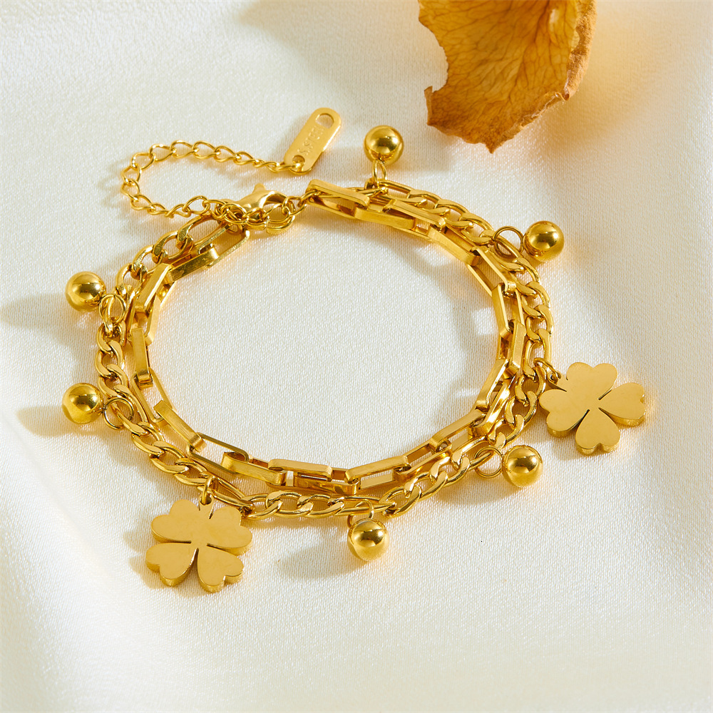 New Double Layer Gold Round Ball Stainless Steel Pendant Four-Leaf Clover Necklace Set Non-Fading Multi-Layer Jewelry