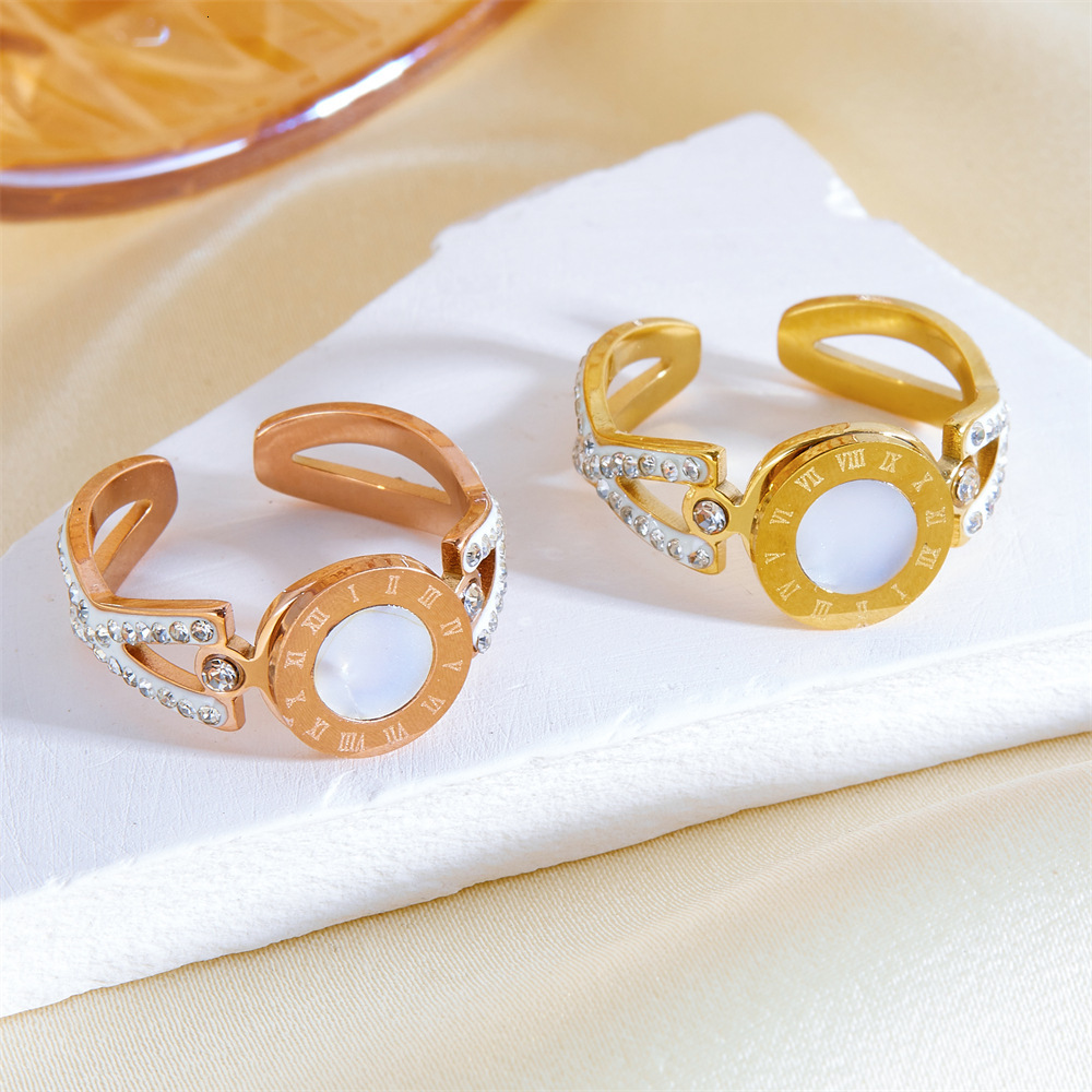 Fashion Simple Luxury Temperament Inlaid Diamond Mother-of-Pearl Roman Numeral Ring for Women Titanium Steel Non-Fading Band