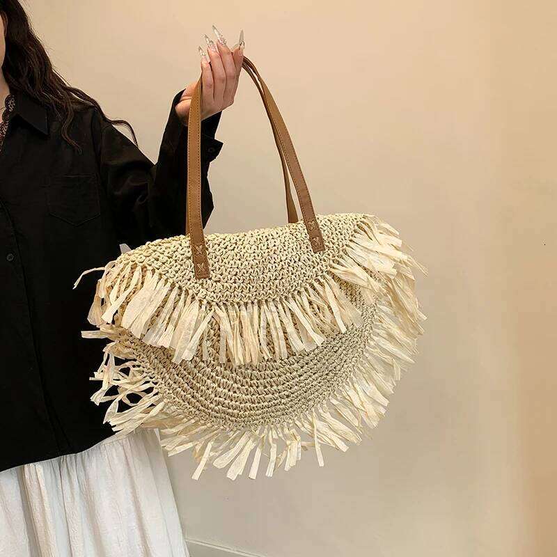 Women Hollowed-Out Braid With Tassel Straw Handbag Wear Resist Semicircle Underarm Female Travel Commute Shoulder Bag