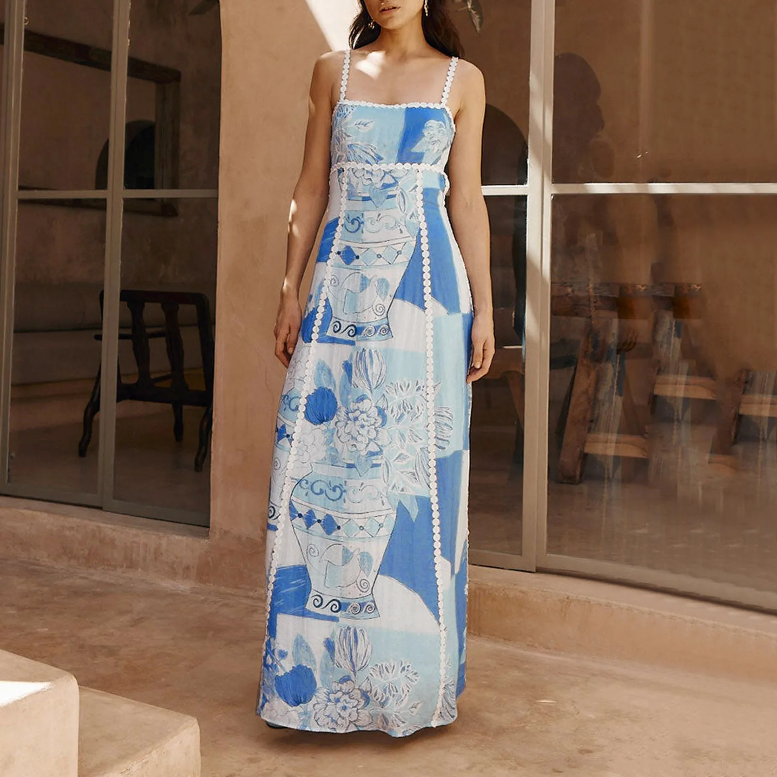 Women Boho Printed Long Shirts Dress Ladies Birthday Party Club Sundress Strap Backless Long Maxi Dresses For Women Summer Dress 250614