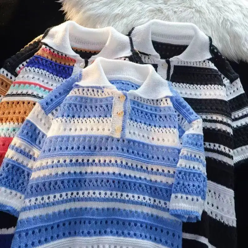 Dopamine Striped Knit Polo Shirt For Men Vintage Loose Short Sleeve Tops Fashion Hollow Out Knitting Color Blocked T-shirts 250614
