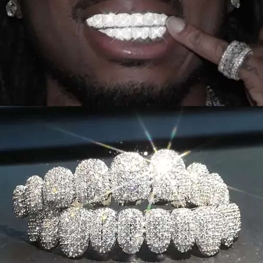Custom 14K Gold Electroplated Silver Teeth Exaggerated Hip Hop Style Moissanite Jewelry with Diamond Brace Grillz