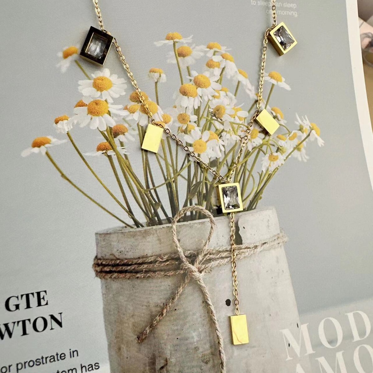 Fashion Light Style Personality Dia-Encrusted Rectangular Tassel Necklace for Women Niche Titanium Steel Non-Fading Jewelry