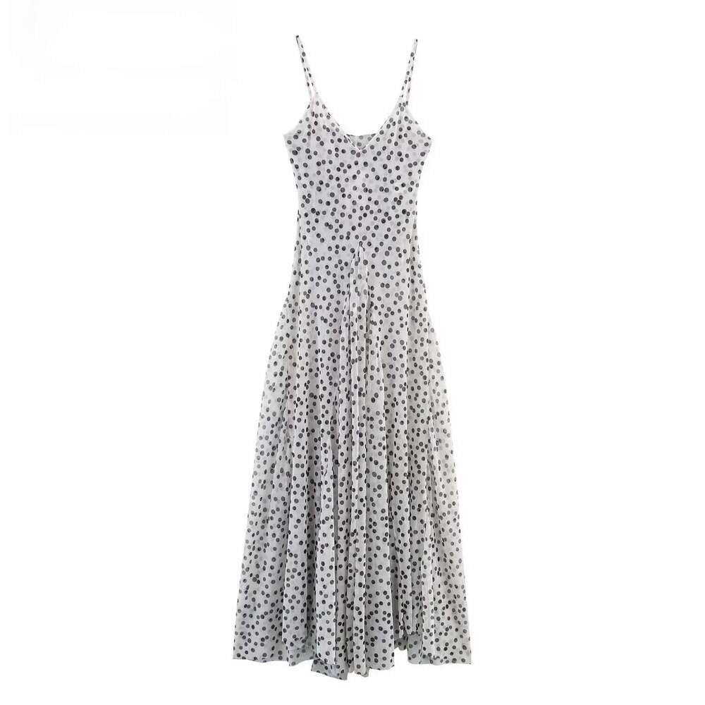 Womens Elegant Sexy V Neck Spaghetti Strap Mid - Length Mesh Polka Dot Dress With Loose Drapey Large Hem