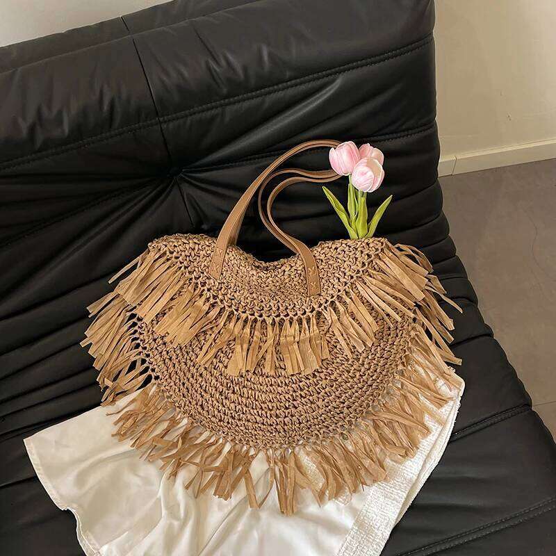 Women Hollowed-Out Braid With Tassel Straw Handbag Wear Resist Semicircle Underarm Female Travel Commute Shoulder Bag