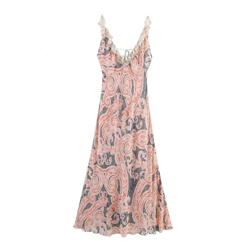 Womens Elegant Sexy Ruffled Patchwork Neckline V Neck Sleeveless Spaghetti Strap Mid - Length Printed Dress