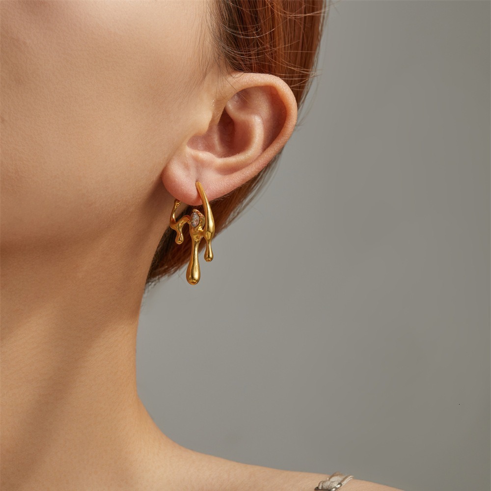 Unique Style Stainless Steel Gold-Plated Micro-Paved Zircon Irregular Geometric Lava Stud Earrings