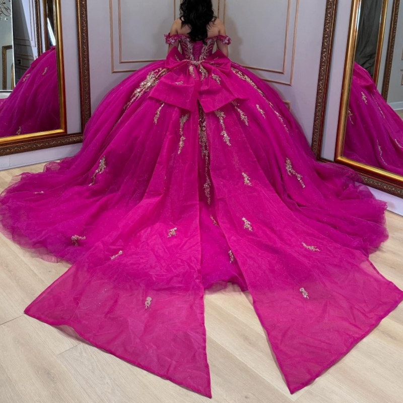 Rose Red Quinceanera Dresses Ball Gown Off The Shoulder Applique Lace Beading Crystal Bow Tull Sweet 16 Dress Vestidos 15 De Anos