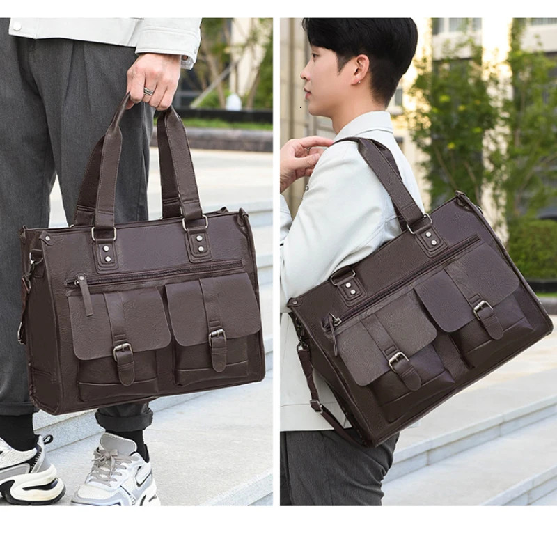 Man Business Briefcase Bag Men Office Multiple Pockets 13.3inch Laptop Handbags PU Leather Messenger Shoulder Bag 250614