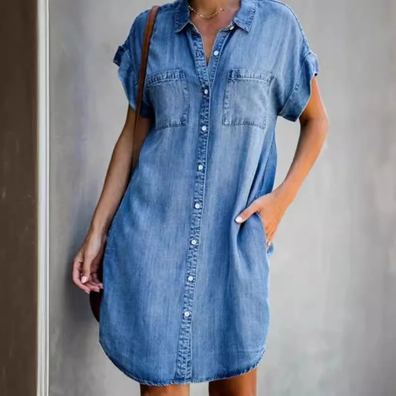 Commute Single Breasted Denim Shirt Dress for Women Elegant Short-sleeved Slim-fit Denim Dress Harajuku Summer Lapel Party Dress 250609