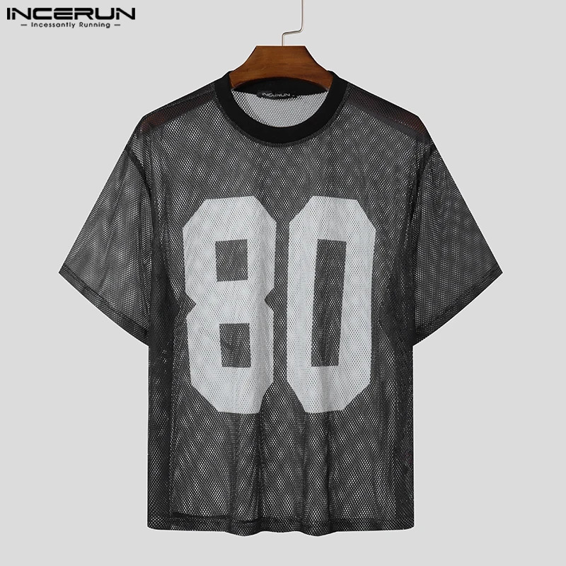 INCERUN Mesh Splicing Loose T-Shirts Men Short Sleeve Hollow Casual Summer Digital Printing Oversize Tops 250614