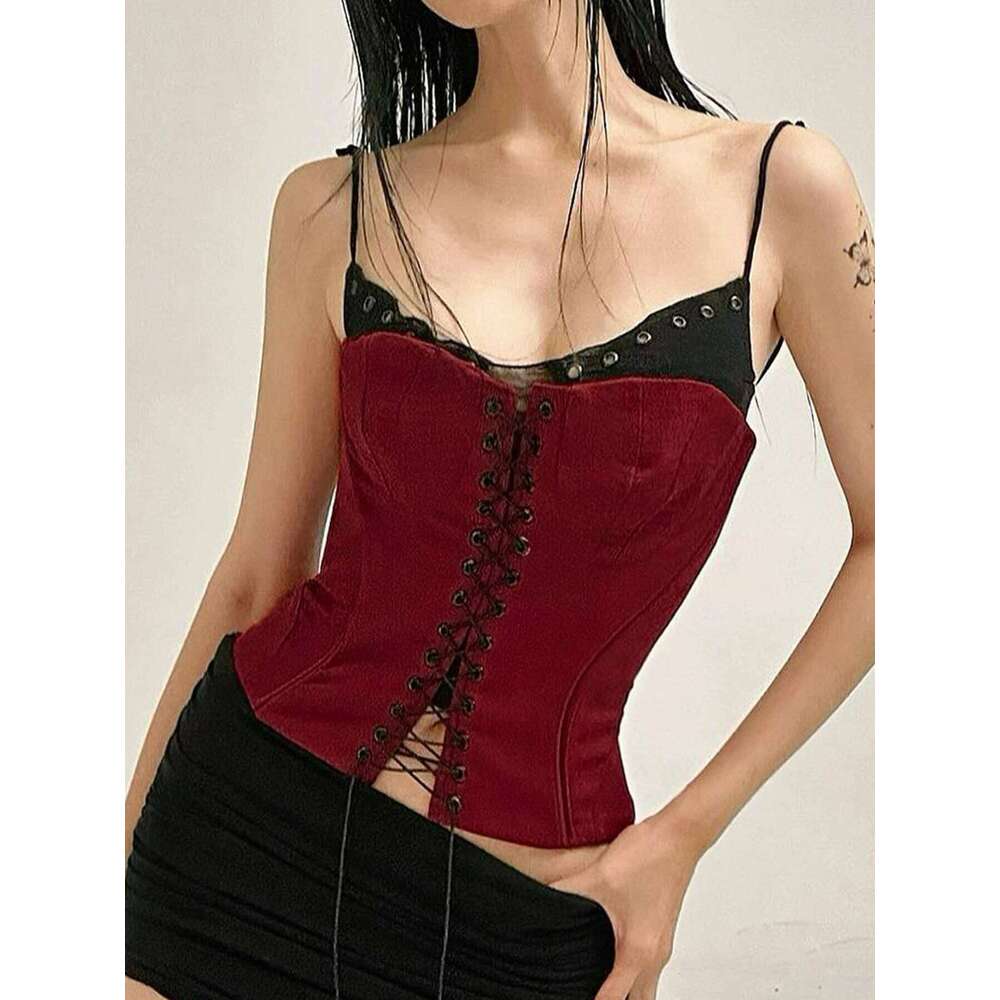 Gothic Patchwork Bandage Camis Top Dark Slim Slash Neck Sleeveless Tank Tops Women Summer Fashion Streetwear Lady