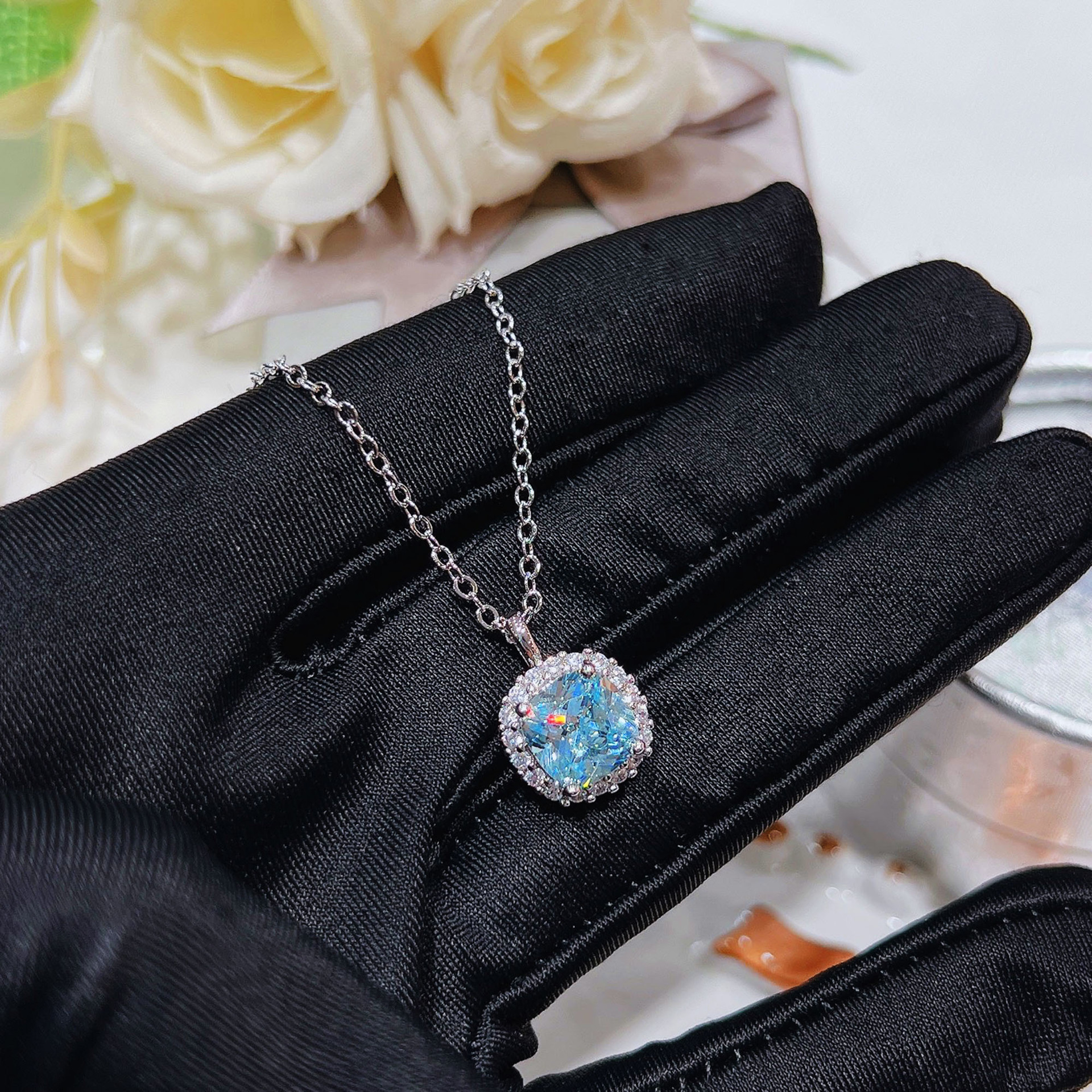 Choucong Luxury Jewelry Square Pendant 925 Sterling Silver Fill Cushion Shape Aquamarine CZ Diamond Gemstones Sparkling Women Wedding Beach Clavicle N