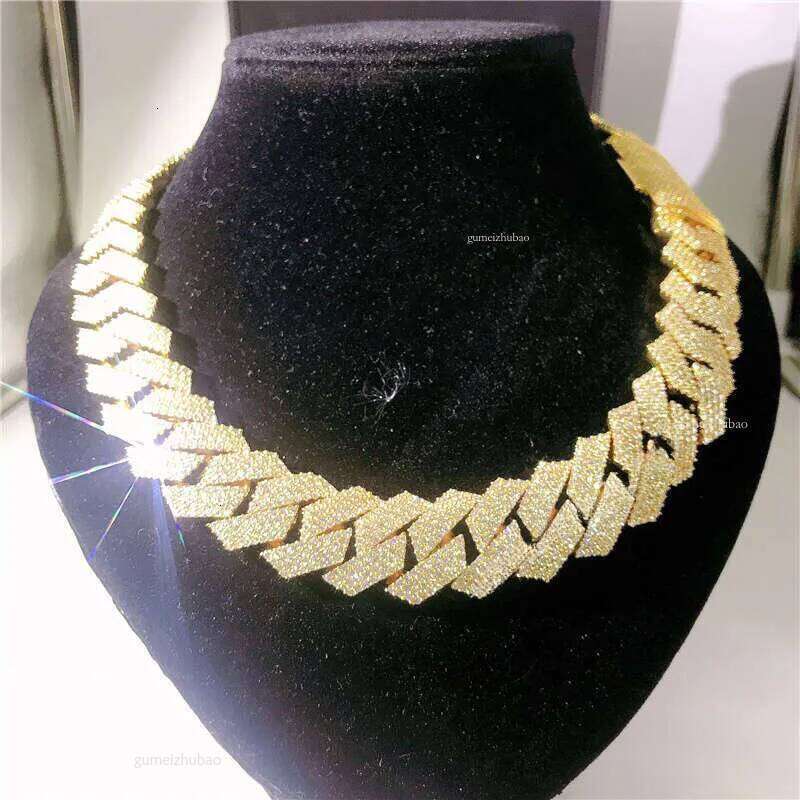 20Mm 4 Rows Hand Set Men's Necklace 10K Yellow Gold VVS Moissanite Dia Cuban Link Chain