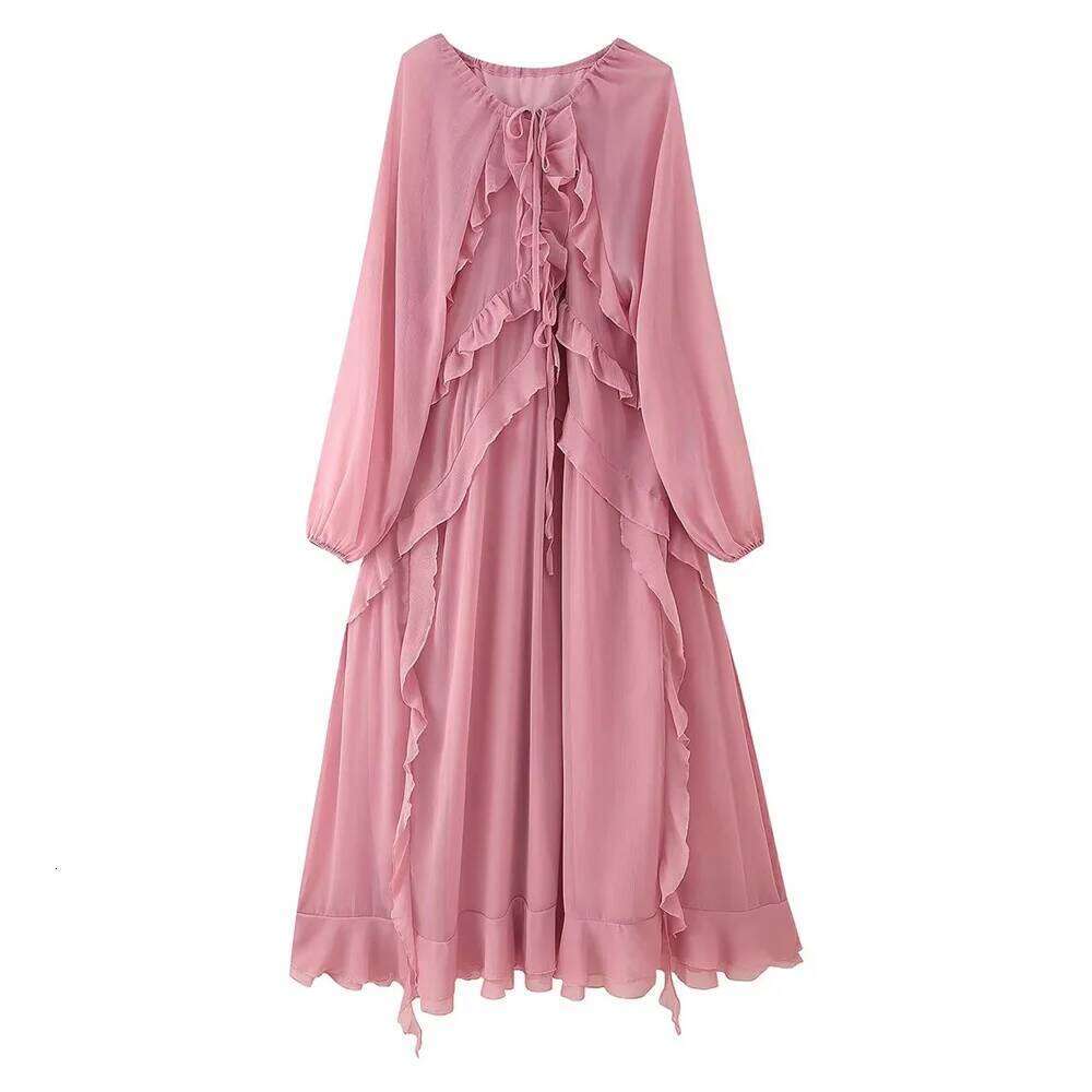 Women's Temperament Layered Ruffle Edge Lace Up Chiffon Dress Summer New V-Neck Sleeved Loose Long Skirt