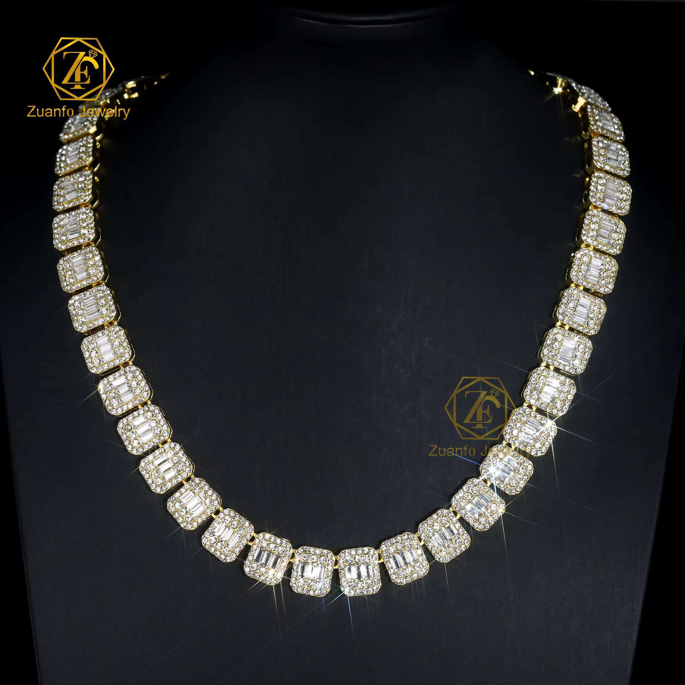 High Quality 925 Sterling Silver 18K Gold Plated Iced Baguette Diamonds Moissanite Waterproof Necklace Bracelet Link Chain Style