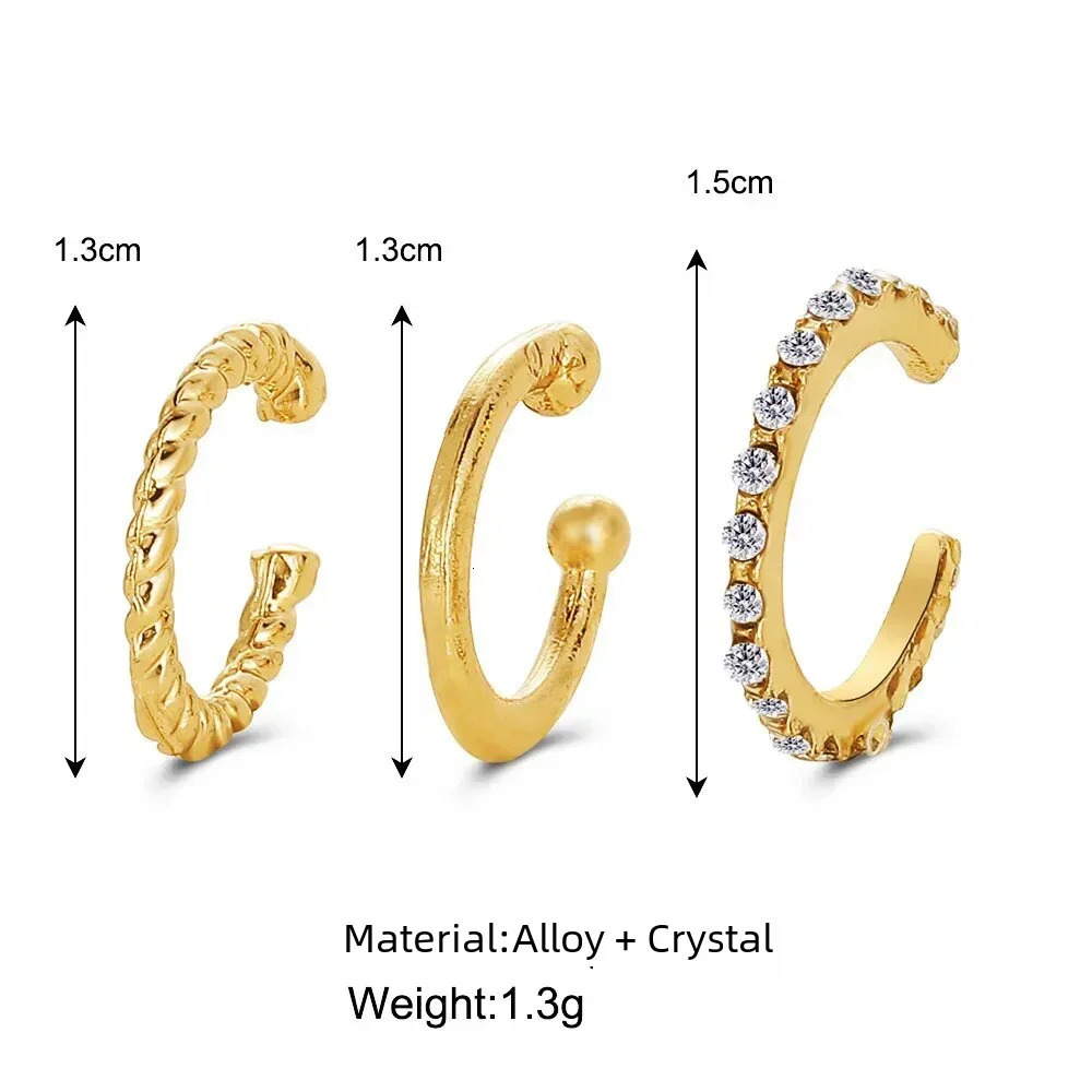 3PCS Vintage Simple Metal Crystal Ear Cuff for Women Teens Gold Color Non Piercing Cartilage Clip Earrings Set Jewelry Gift 250610