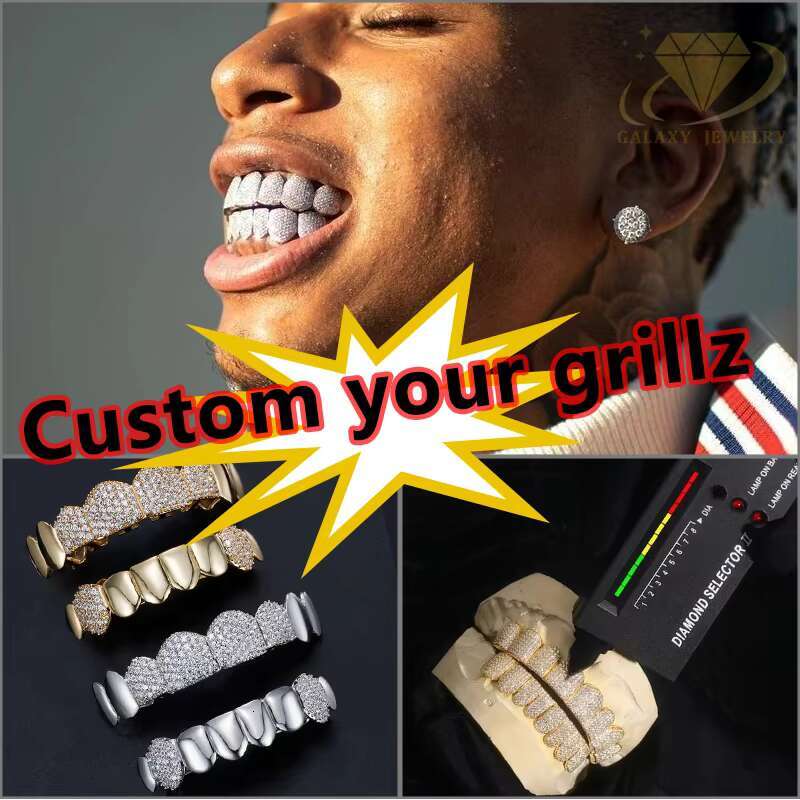 Silver 925 Hip Hop Jewelry Honeycomb Teeth Grilliz With Custom 15 Pointer Stone on Fang Ice Out Moissanite Diamond Grillz