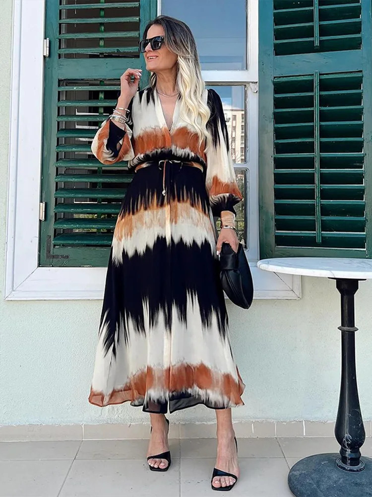 Women Print Full Sleeves V-neck Dresses Casual High Street Loose Thin Lace Up Split Maxi Vestido Summer Elegant Fashion Robe 250613