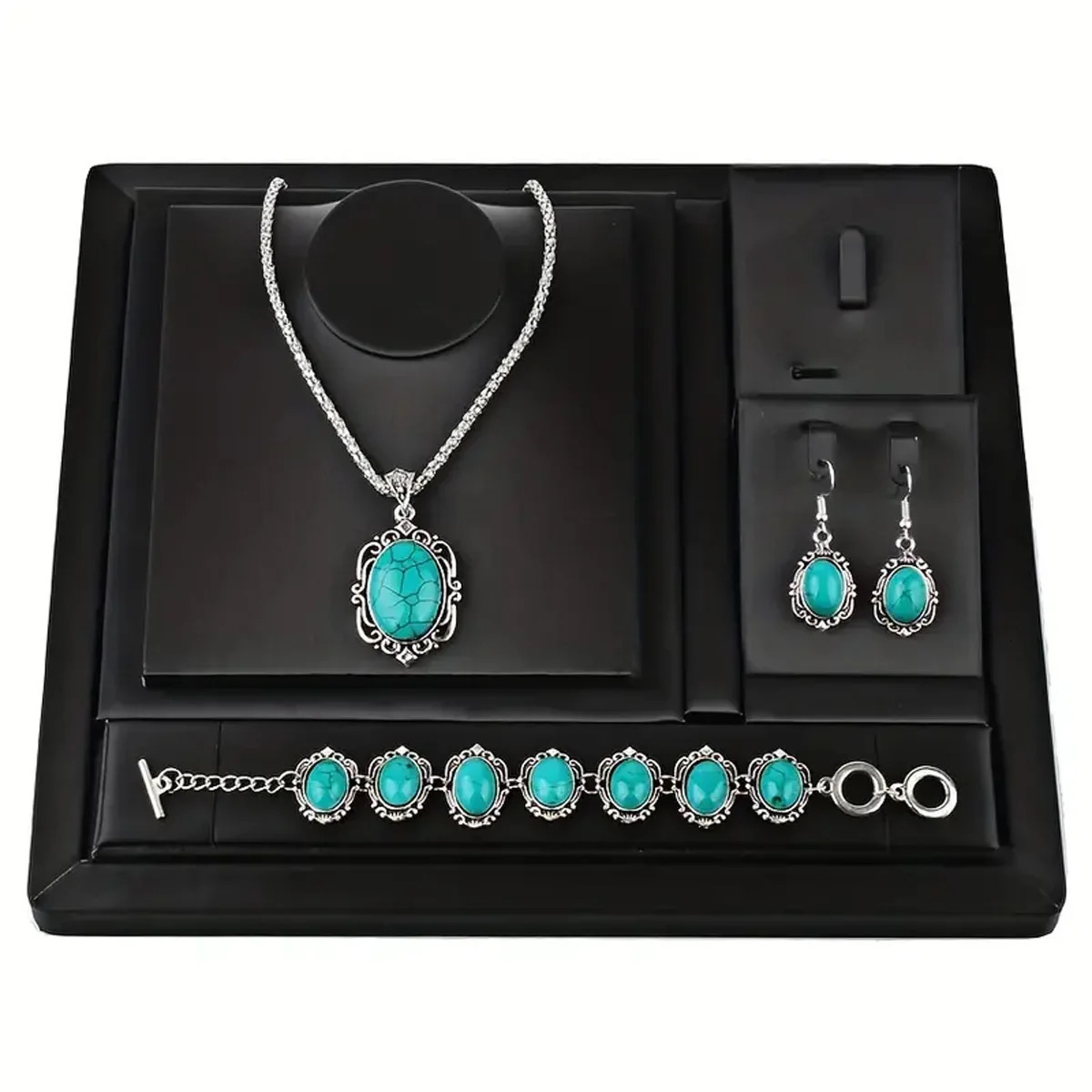 3pcs Vintage Turquoise Bracelet Necklace Earrings Set Healing Stone Decoration GiftWithout Box 250609