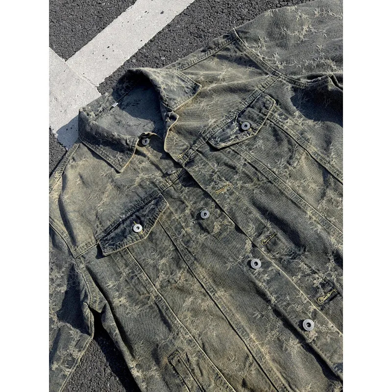 Retro Jacket Men Spring Punk Leaf Graphic Print Denim Jackets Hip Hop Streetwear Oversized Gothic Jeans Coats 250614
