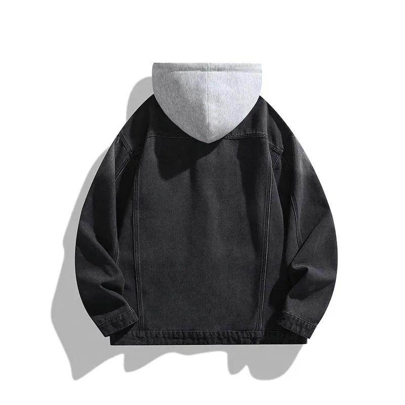 Denim Jacket For Men Streetwear Turn Down Collar Outerwear Coat Solid Color Hooded Jeans Jackets 250614