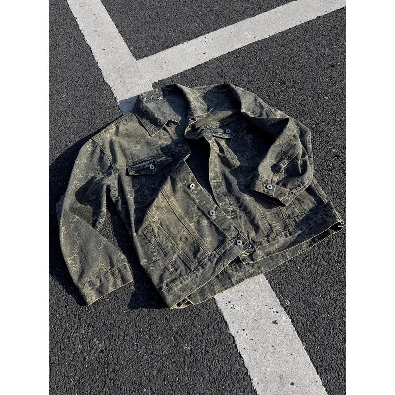 Retro Jacket Men Spring Punk Leaf Graphic Print Denim Jackets Hip Hop Streetwear Oversized Gothic Jeans Coats 250614