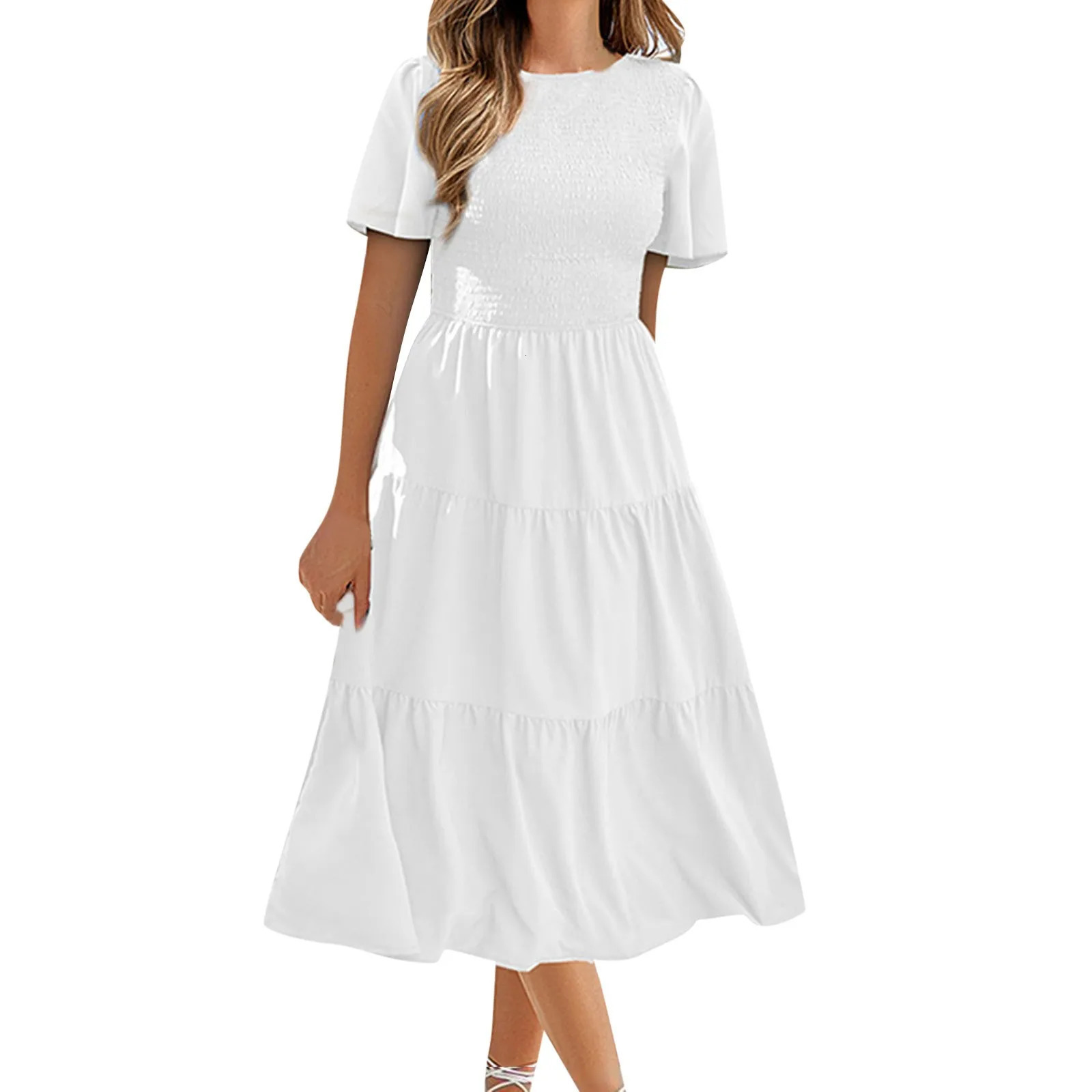 Summer Dresses For Women Clothing Casual Flutter Short Sleeve V Neck Smocked Elastic Waist Tiered Midi Dress Dropshiping 250613