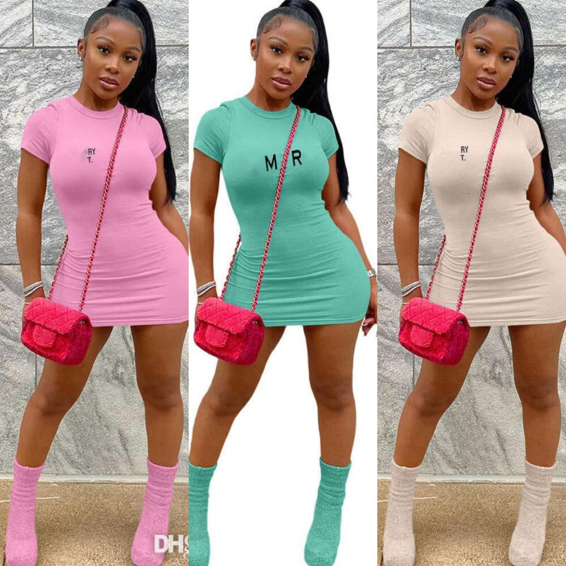 Womens Designer Casual Dresses Sexy Letter Print Ribber Mini Casual Dress Round Neck Short Sleeve Bodycon Mini Skirt Summer Clothing