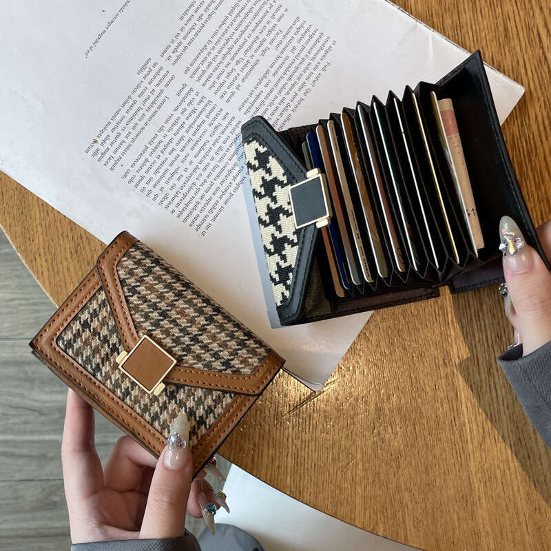 Houndstooth Holder Women's Compact Card Clip Multi-Card Slot New Fashion Trend High-End Wallet Short Anti-Degaussing