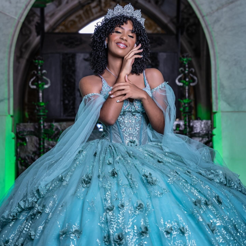Mint Green Quinceanera Dresses Ball Gown Off The Shoulder Sequin Applique Flower Beading Crystal Tull Sweet 16 Dress Vestidos 15 De Anos