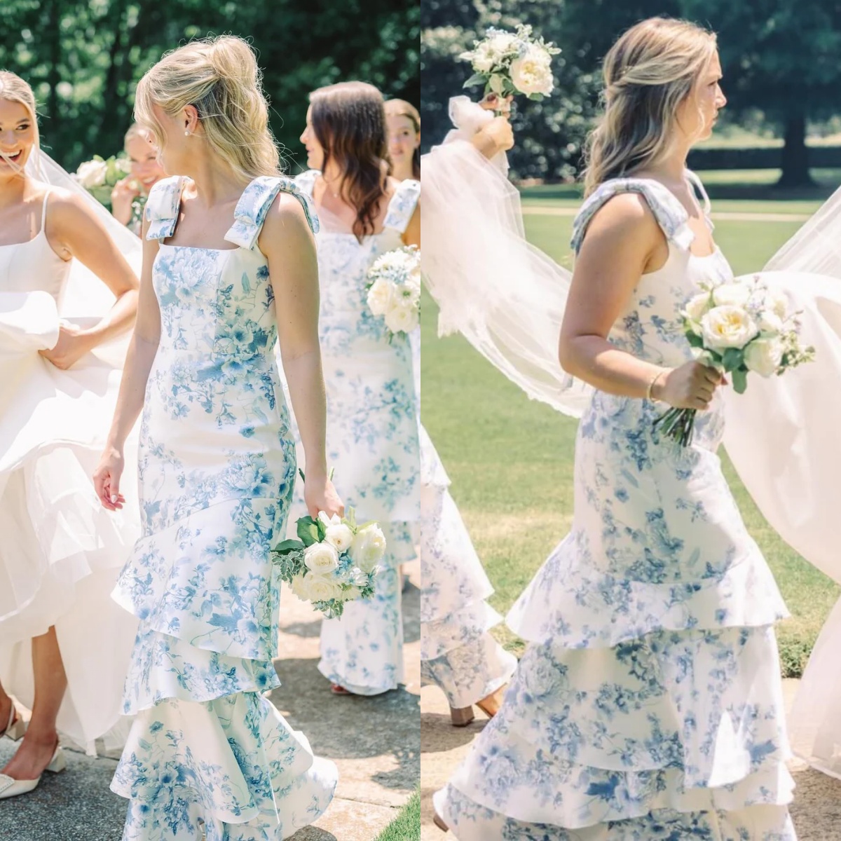 Blue Floral Print Satin Bridesmaid Dress Bow Straps Long Wedding Guest Gowns Sleeveless Pastrol Prom Party Dress 2025 Special Occasion Wear