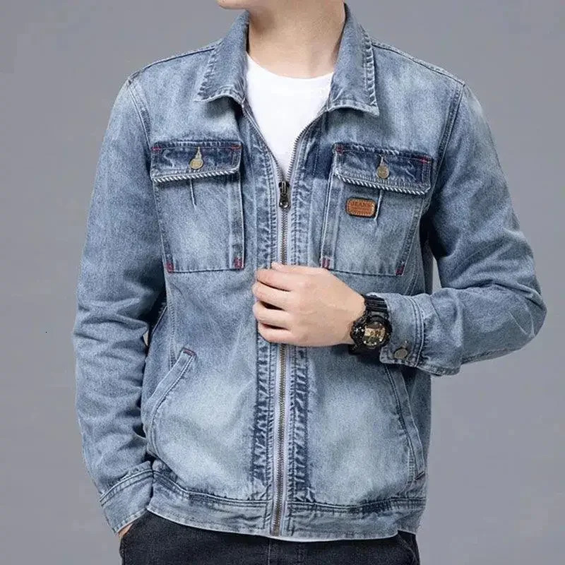 Mens Jean Coats Biker Zip V Blue Autumn Pocket Denim Jacket Motorcycle Vintage Aesthetic Casual Joker Outerwear Japanese Y2k 250614