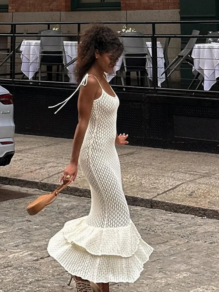 Elegant Backless Hollow Out Knit Long Dresses Summer Layered Ruffles Edge Bodycon Maxi Dress Vacation Beach Robes 250611