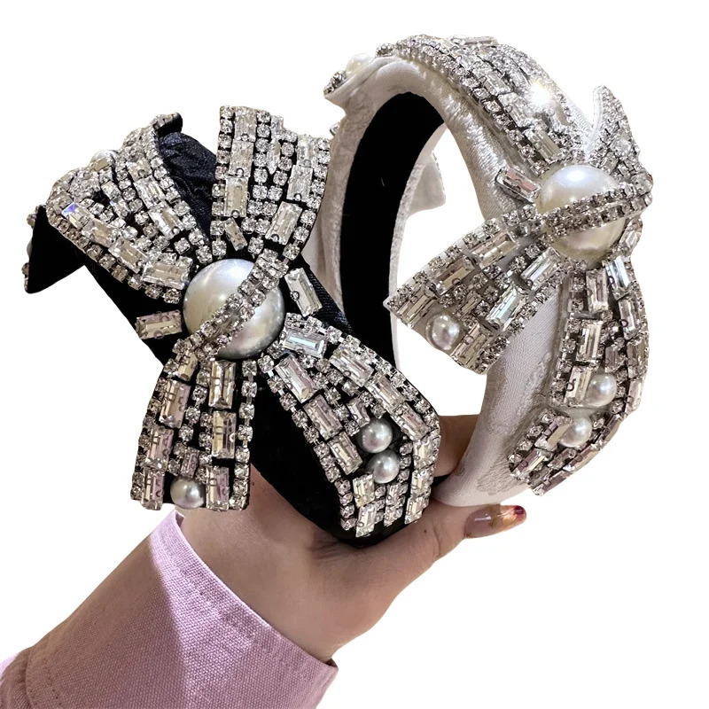 Korean Baroque Full Diamond Bow Hair Band Headband High-end Western Style Retro Heavy Pearl Gem Diamond Chain Hair Accessories 250610