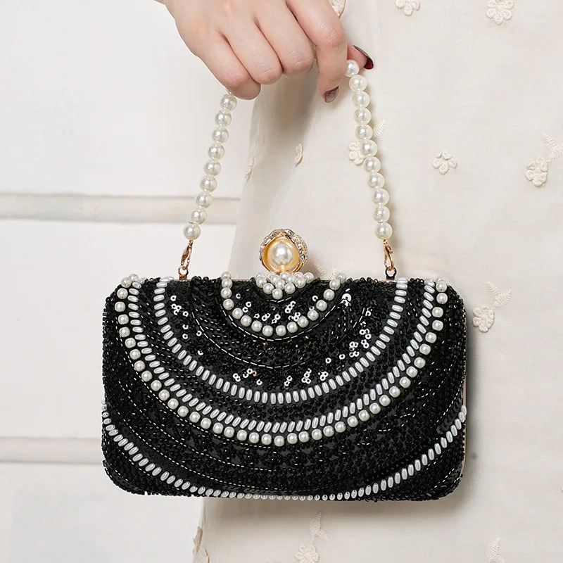 Cool Black Pearls Dinner Handbag Ladies Elegant Formal Dress Evening Bag Diamond Studded Wedding Party Purse Silver Champagne 250614