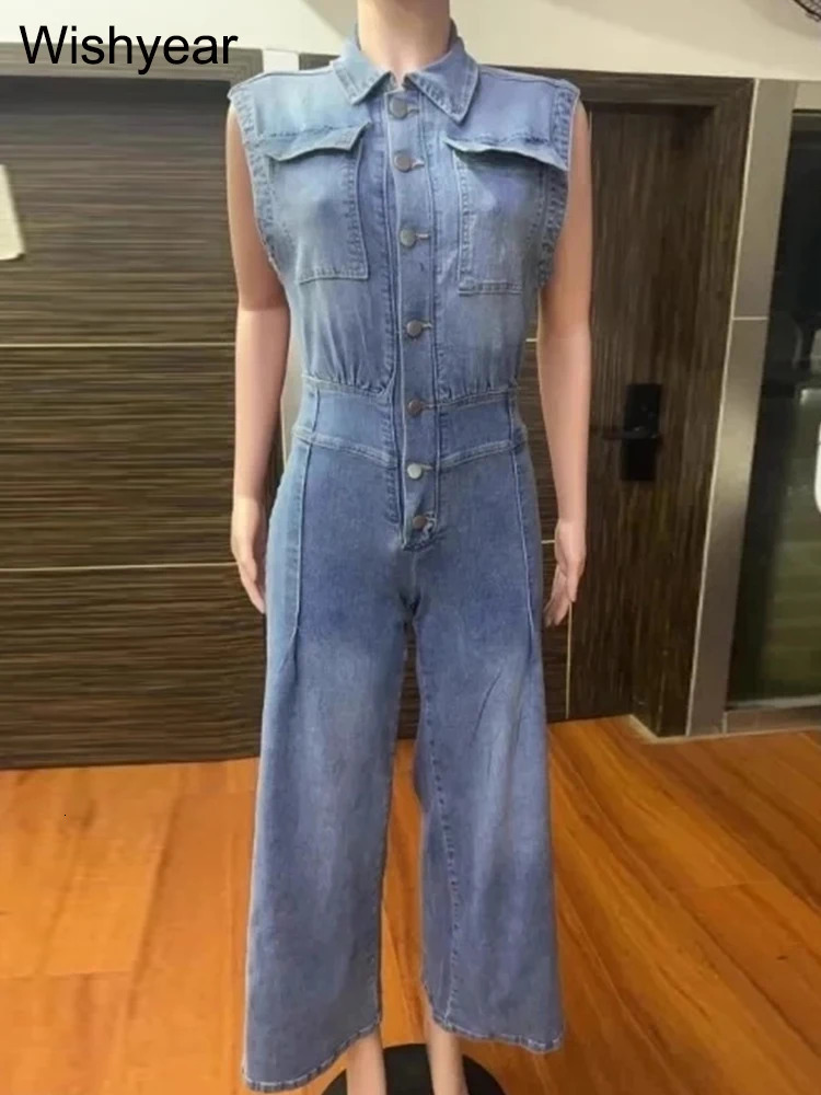 Vintage Loose Denim Wide Leg Pants Jumpsuit Women Pocket Sleeveless Single Breasted Baggy Jean One Piece Rompers Street Overalls 250612