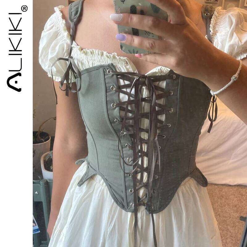 Medieval Renaissance Vintage Bustier Crop Tops Lace-up Camisole Ren Faire Black White Corset Festival Costume