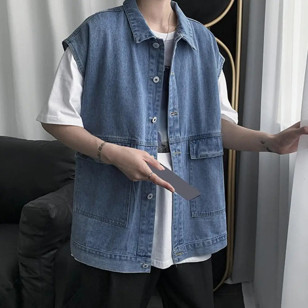 Men Denim Sports Vest Mens Sleeveless Denim Vest with Large Pockets Ripped Holes Single Breasted for Casual Summer Style 250614