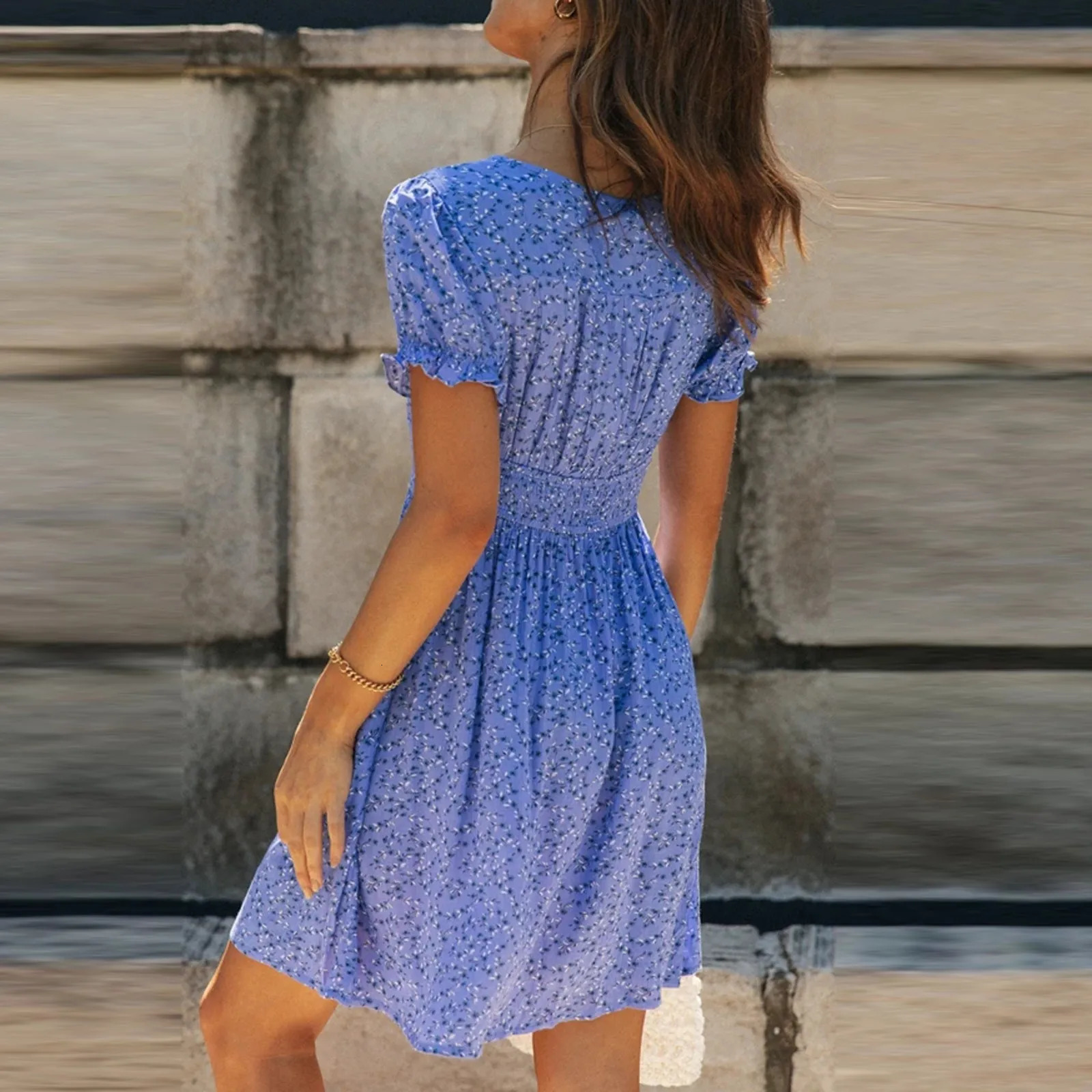 Dresses Womens Casual Comfort High Waist VNeck Short Sleeved Printed Dress Loose Swing For Womens 250611