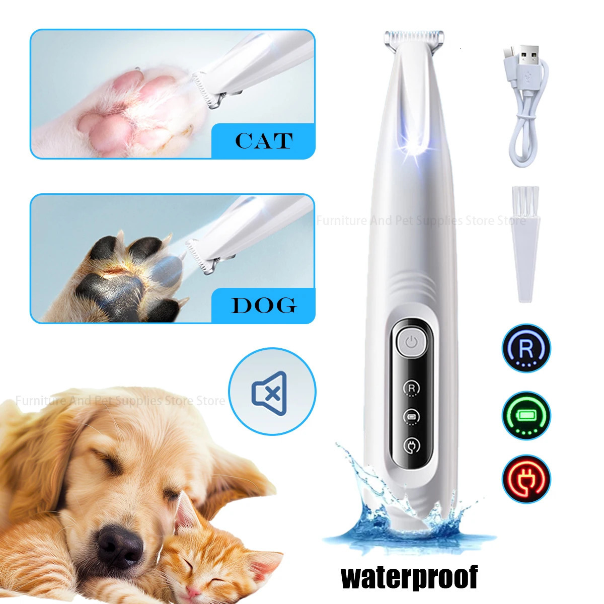 Dog Paw Trimmer with LED Light Fully Waterproof Pet Hair Trimmer with LED Display Dog Clippers for Grooming 18mm Widen Blade 250614