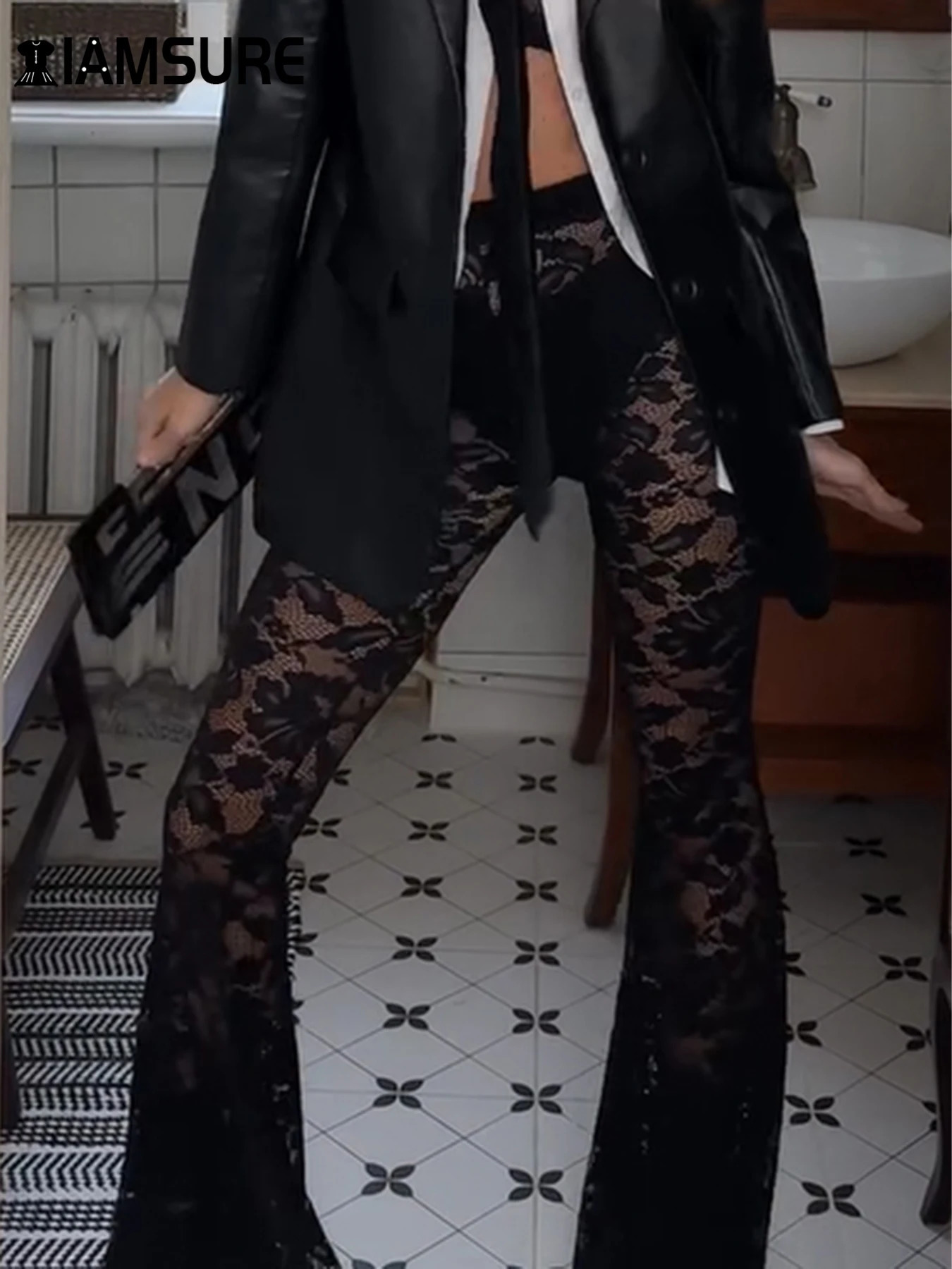 IAMSURE Sexy Slim Lace Flare Pants See Through Solid MidWaisted Wide Lege Women Underwear Leggings Streetwear Ladies 250612