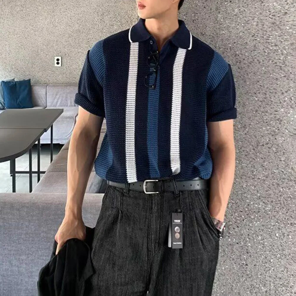 Summer Mens Striped Hollow Color Matching Short-Sleeved Polo Shirt Retro Casual Fashion Trend Loose Breathable Mens Tops 250614