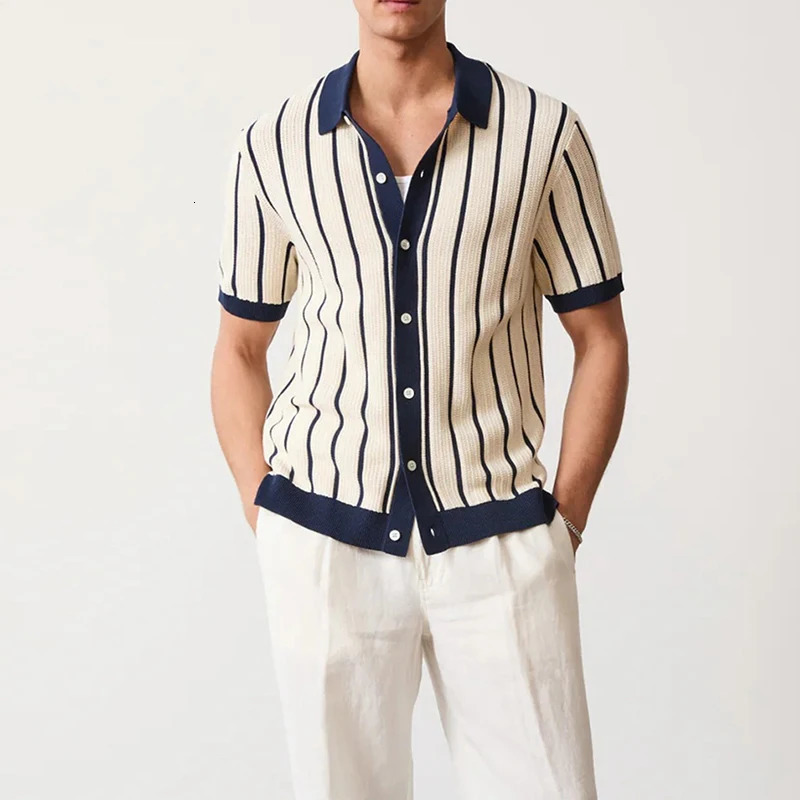 Men Cardigan T-shirt Hollow Out Striped Knit Polo Shirt Casual Button-down High Quality Streetwear Fashion Leisure Knitwear 250614