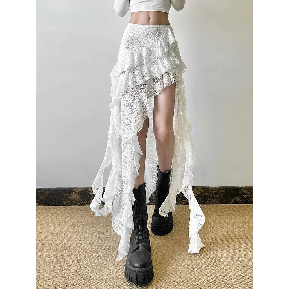 Weird Puss Tassels Women Skirts Chic Irregular Hem Multi-Layered Ruffles Lace Patchwork Summer Trend Skinny Versatile Bottoms